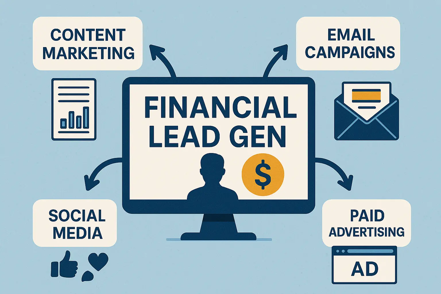 Financial Lead Generation strategies like content marketing, email campaigns, social media, and paid advertising around a central monitor.