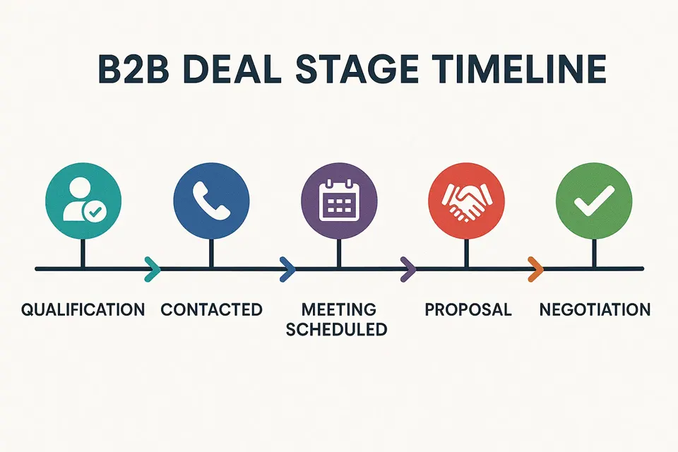 Flat-style infographic showing a horizontal timeline of B2B deal stages with colorful icons for Qualification, Contacted, Meeting Scheduled, Proposal, and Negotiation.