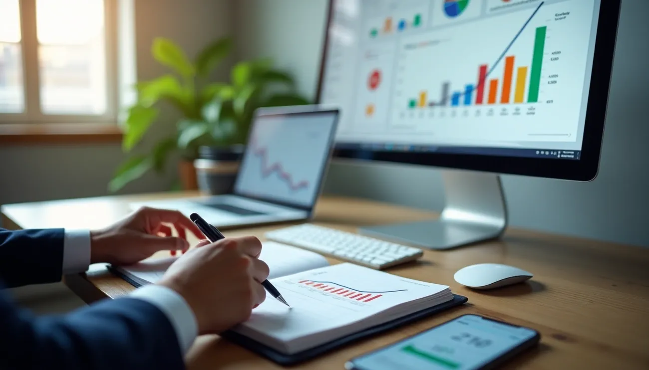 Illustration showing a quarterly PPC audit plan with charts, graphs, and a rising arrow symbolizing growth from struggling to scaling paid campaigns.