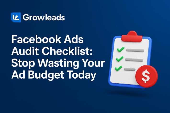 Facebook Ads Audit Checklist graphic showing tips on targeting, creatives, and tracking. Text says: "Stop Wasting Your Ad Budget Today.