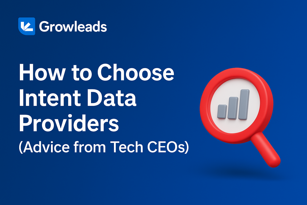 Illustration of tech CEOs reviewing and comparing intent data dashboards, with one provider highlighted as the ideal choice.