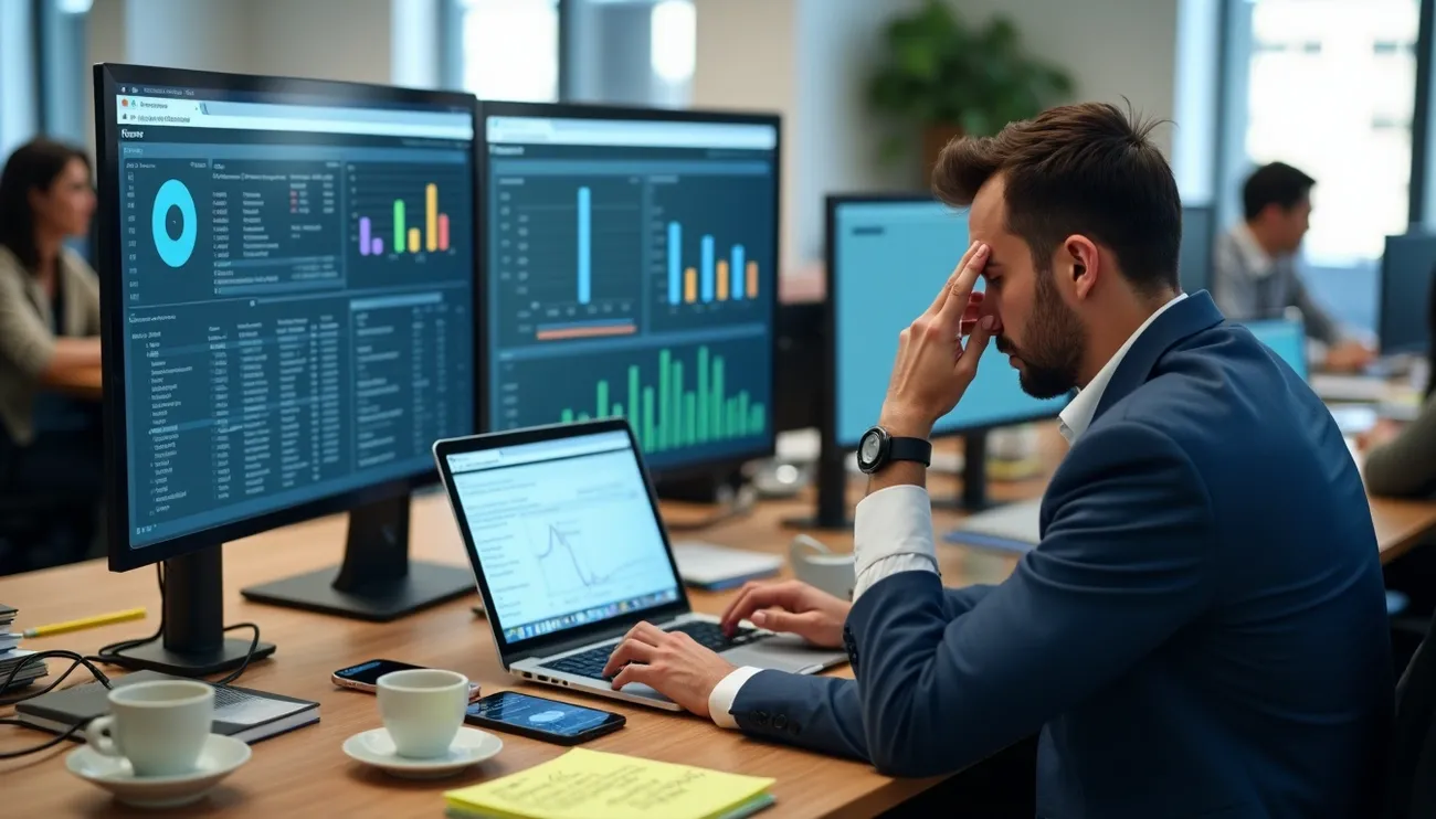 A decision-maker stands at a crossroad of tangled B2B sales tools, each labeled with features but leading nowhere. In the distance, one clear path shines with results. Overlay text: “Why B2B Sales Tools Fail – A Proven Selection Strategy for 2025