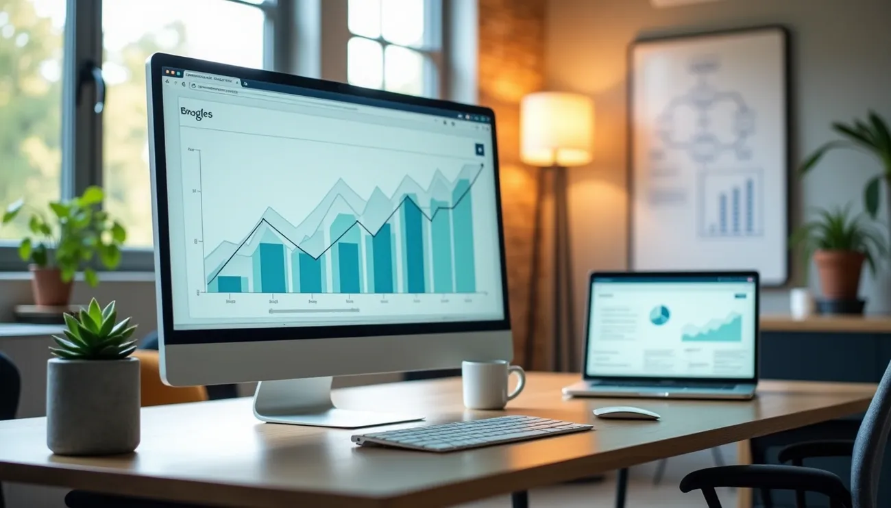 Beginner-level SEO guide open on a laptop beside SaaS branding.