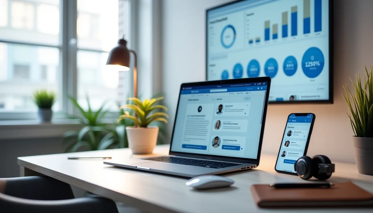 Close-up of a laptop screen showing LinkedIn authority building tools, templates, and analytics charts used for growing authority and engagement.