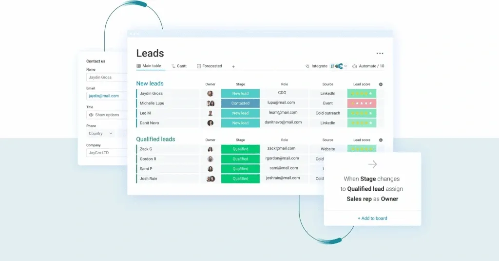 Screenshot of CRM highlighting lead qualification process guide features