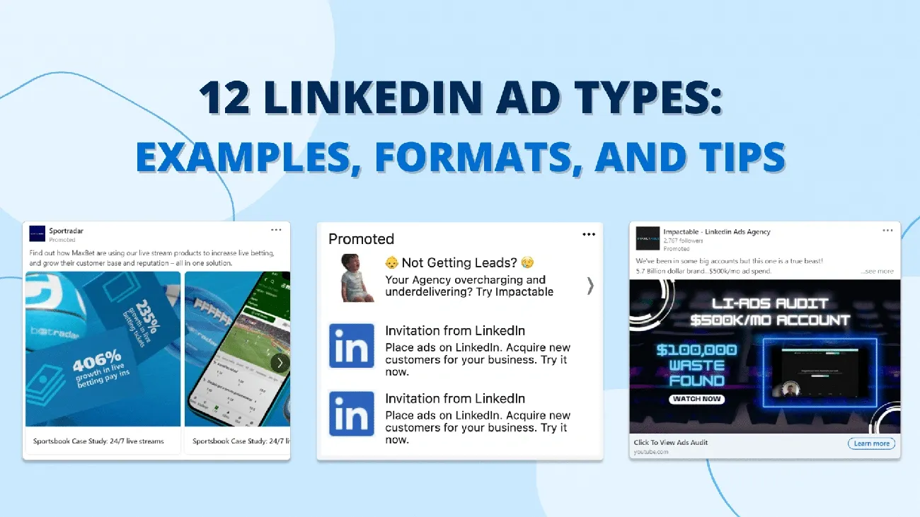 Visual showing a LinkedIn ad dashboard with graphs, startup logos, and highlighted ads that contributed to million-dollar revenue growth.