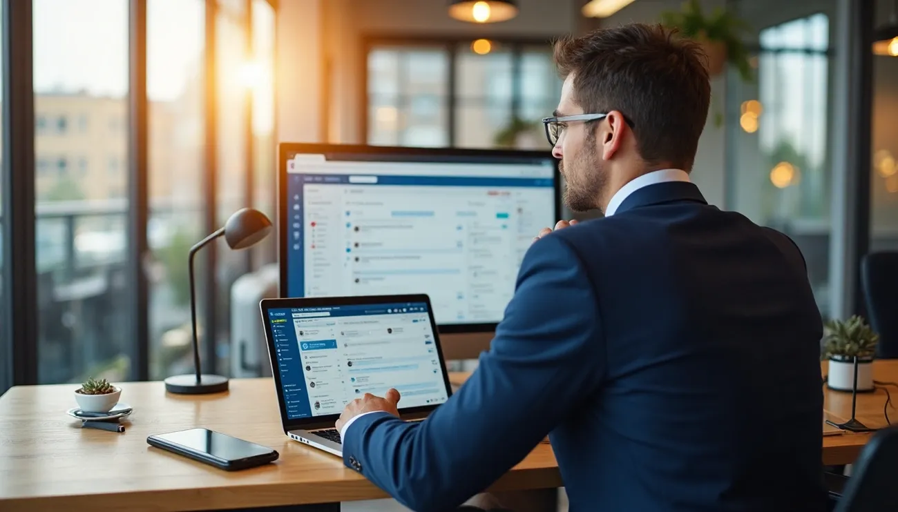 Professional in a suit working on LinkedIn outreach messages on a laptop and desktop in a modern office at sunset.