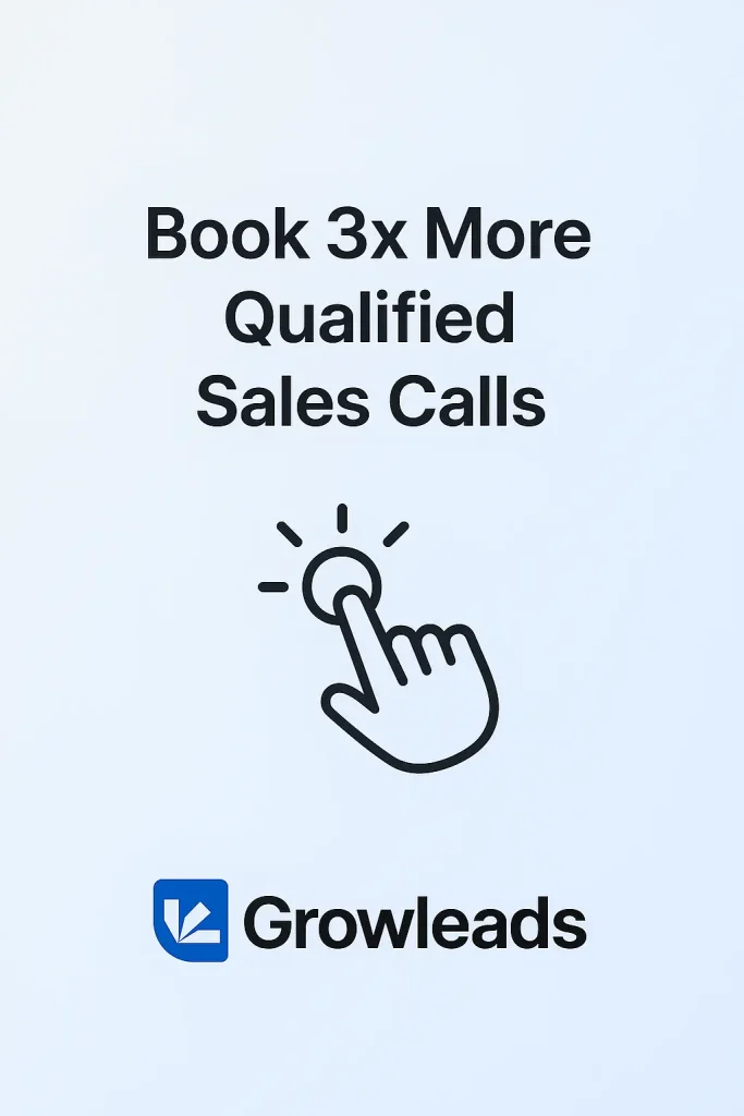 Text reads "Book 3x More Qualified Sales Calls" with an icon of a hand clicking a button, and the Growleads logo at the bottom.
