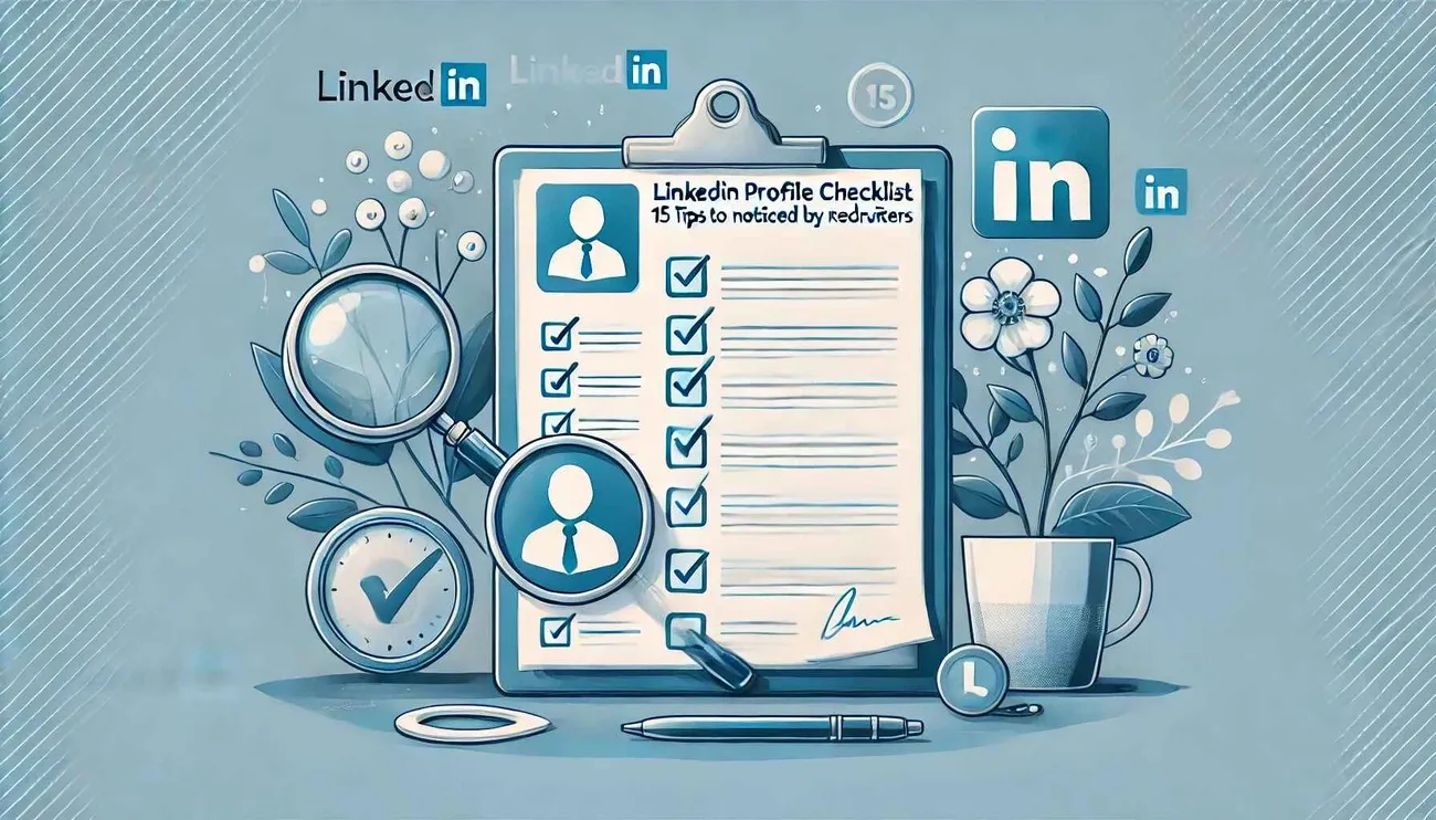 Illustration of a LinkedIn profile checklist with 15 tips to get noticed by recruiters, featuring checkmarks and magnifying glasses.
