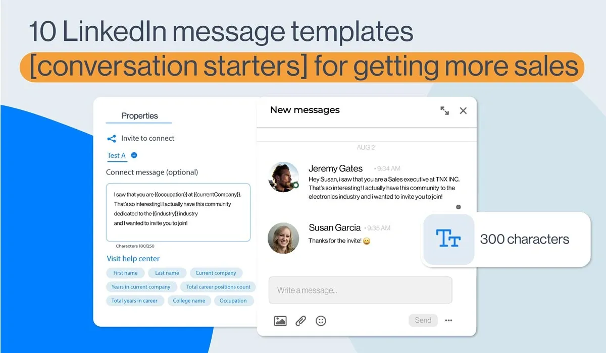 LinkedIn message templates for sales conversation starters with personalized invite examples and 300 character limit.