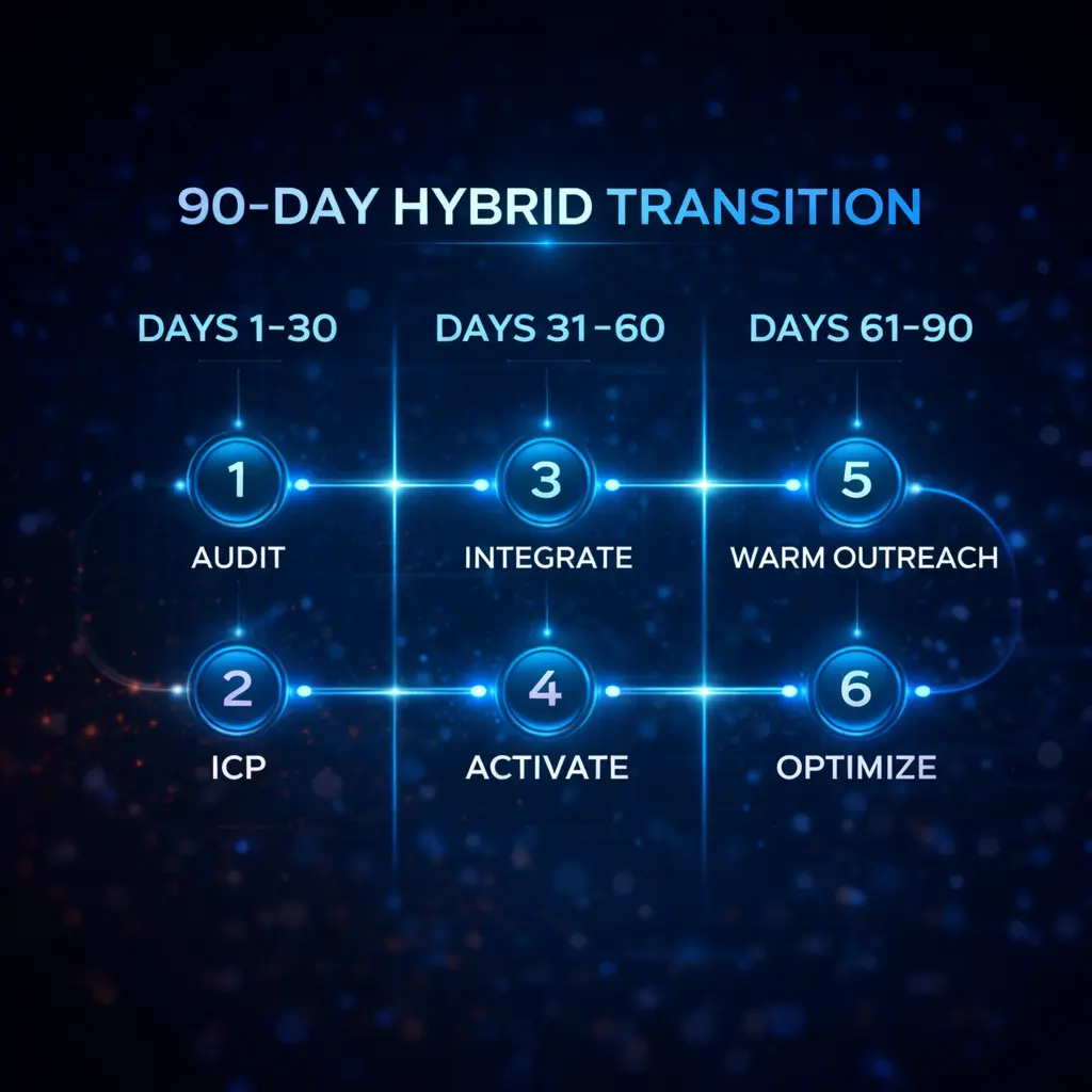 90-day hybrid sales implementation roadmap with six key milestones including audit, ICP definition, integration, and optimization phases
