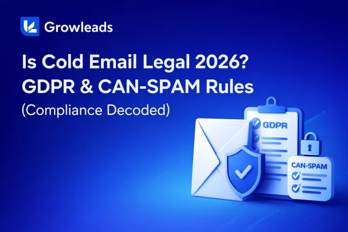 Is Cold Email Legal 2026? GDPR & CAN-SPAM Rules (Compliance Decoded) 16 Cold email legal guide for 2026 with envelope, GDPR and CAN-SPAM checklists and security padlock icons on a blue Growleads background.