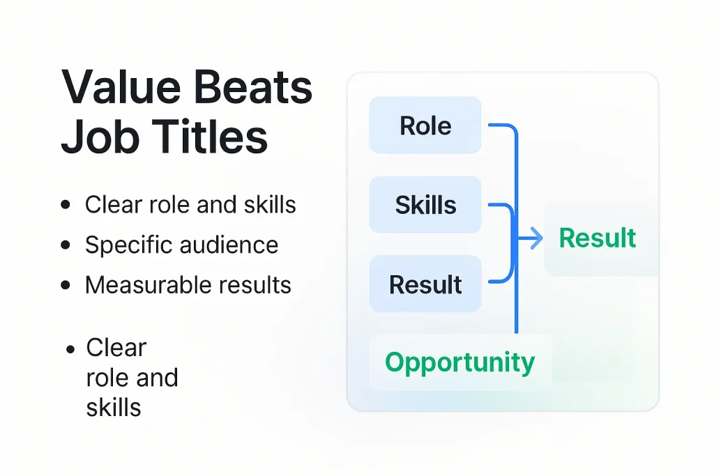 LinkedIn headline formula showing role, skills and results leading to opportunity
