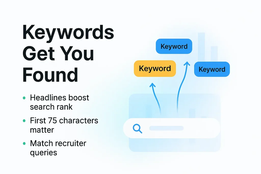 LinkedIn headline keywords boost search ranking and help recruiters find your profile.
