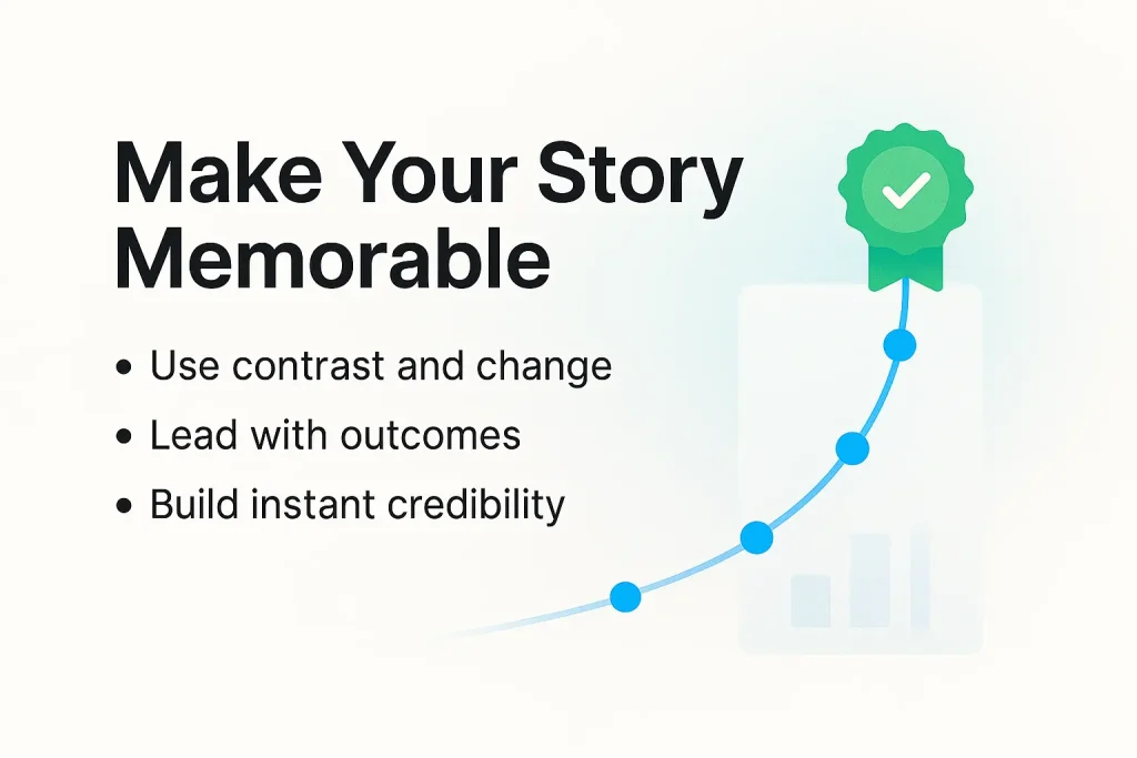 LinkedIn headline storytelling graphic showing rising success curve and badge to make your story memorable."