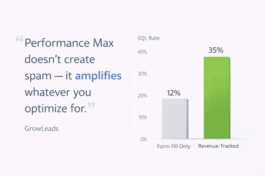 Performance Max quote about amplifying what you optimize for, next to a bar chart comparing higher SQL rate for revenue-tracked campaigns versus form-fill only.