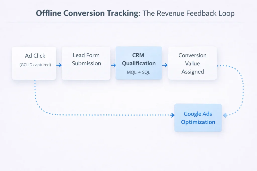 Performance Max offline conversion tracking diagram showing the flow from ad click to CRM qualification, revenue value, and Google Ads optimization.