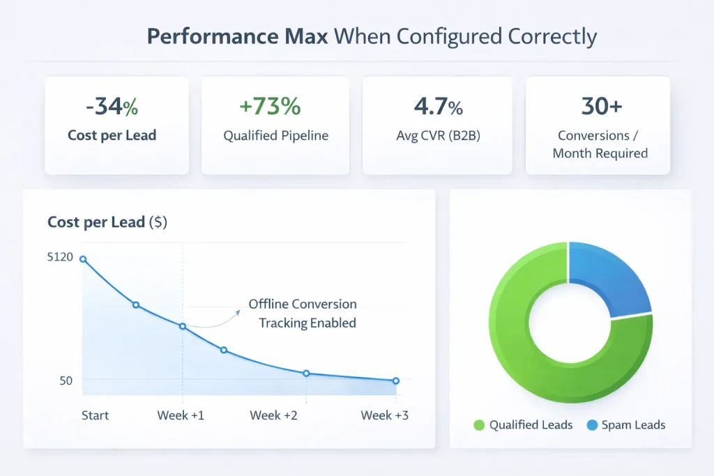 Performance Max results dashboard highlighting lower cost per lead, a larger qualified pipeline, and a donut chart of qualified versus spam leads
