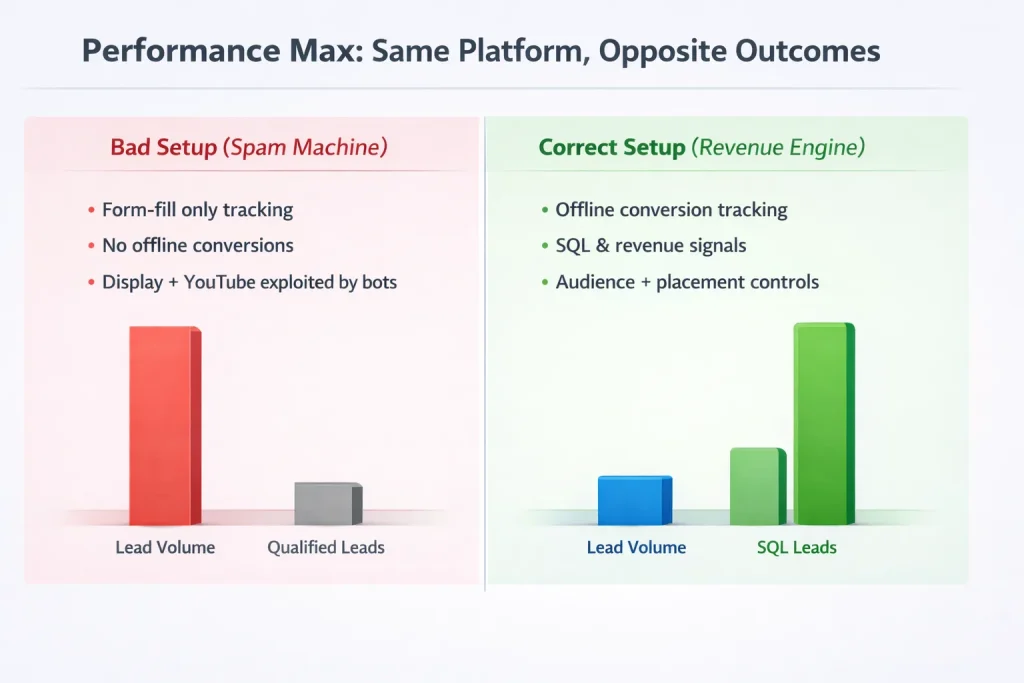 Performance Max comparison showing bad spam setup with many low-quality leads versus correct revenue setup with higher SQL lead volume.