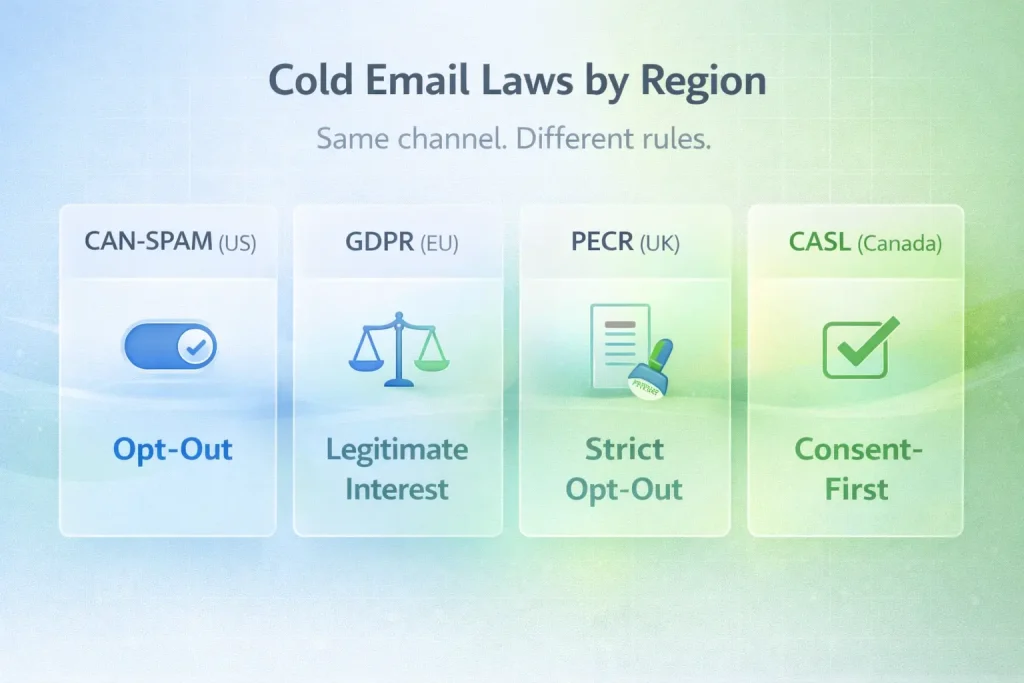 Is Cold Email Legal 2026? GDPR & CAN-SPAM Rules (Compliance Decoded) 2 Cold email laws by region comparing CAN-SPAM opt-out, GDPR legitimate interest, UK PECR strict opt-out and CASL consent-first requirements.