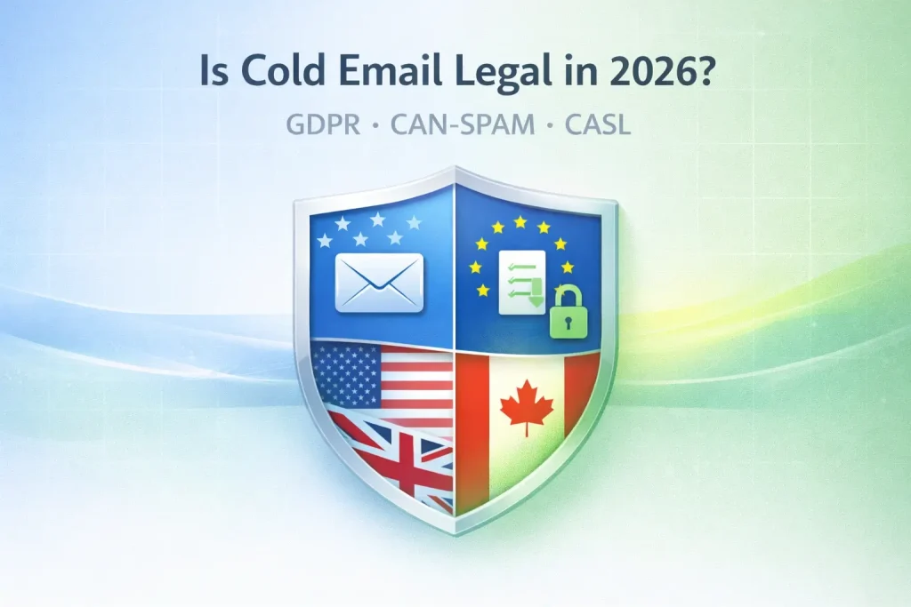Is Cold Email Legal 2026? GDPR & CAN-SPAM Rules (Compliance Decoded) 1 Cold email legality in 2026 illustrated with a security shield containing US, EU, UK and Canada flags to represent different compliance regimes