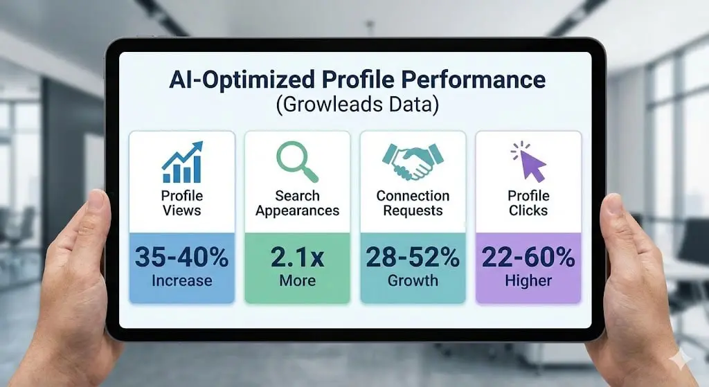 Linkedin Prompts for Writing Headlines and About Section (2025 Expert Guide) 2 Growleads data on a tablet showing significant performance metrics (35-40% increase) from using an AI-Optimized Profile.