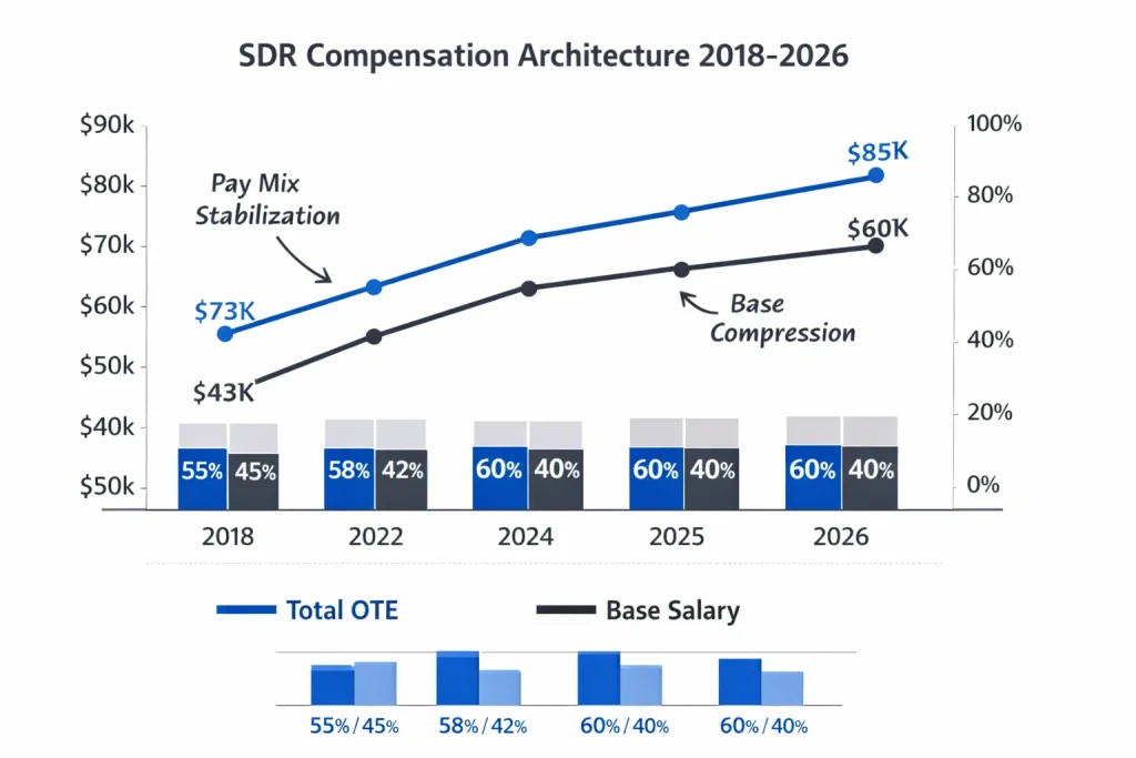SDR Commission Structure 2026: Fair Pay Architecture 1 SDR commission structure implementation protocol showing 8-step flowchart from role definition through quarterly review with OTE benchmarks and pay mix ratios