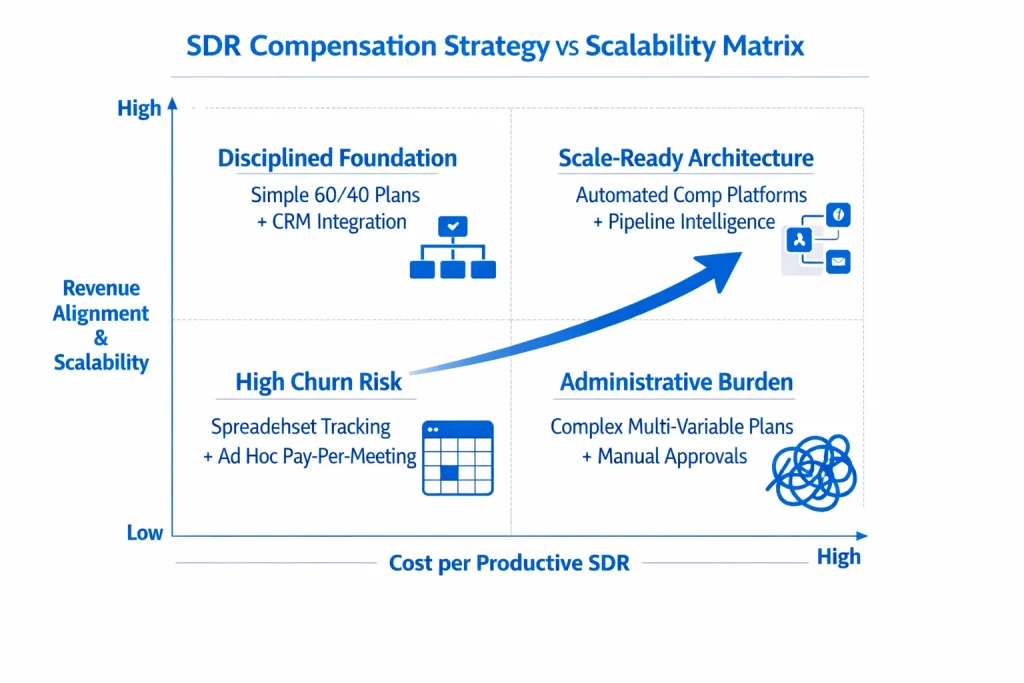 SDR Commission Structure 2026: Fair Pay Architecture 2
SDR compensation strategy scalability matrix comparing cost per productive SDR versus revenue alignment across four quadrants from spreadsheet tracking to automated platforms