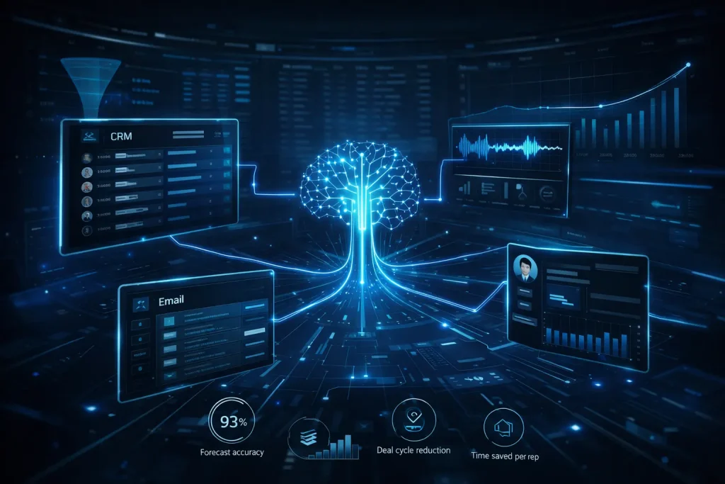 Top 10 AI Sales Tools That Crush Deal Cycles in 2026 1 AI sales tools ROI metrics 60-70 percent to 90-95 percent forecast accuracy improvement 25-30 percent deal cycle reduction 12 hours saved per week per sales rep productivity gains
