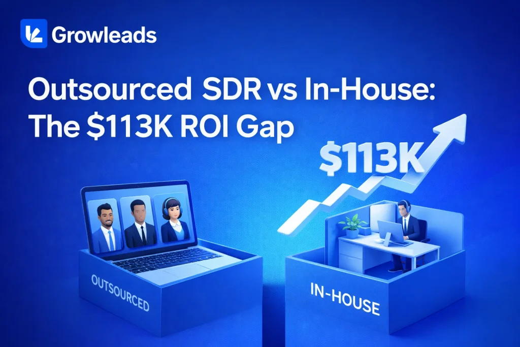 Outsourced SDR vs In House: The $113K ROI Gap? 2 Outsourced SDR vs in-house cost comparison showing $113K ROI gap between outsourced team on laptop and in-house SDR at desk with upward growth arrow