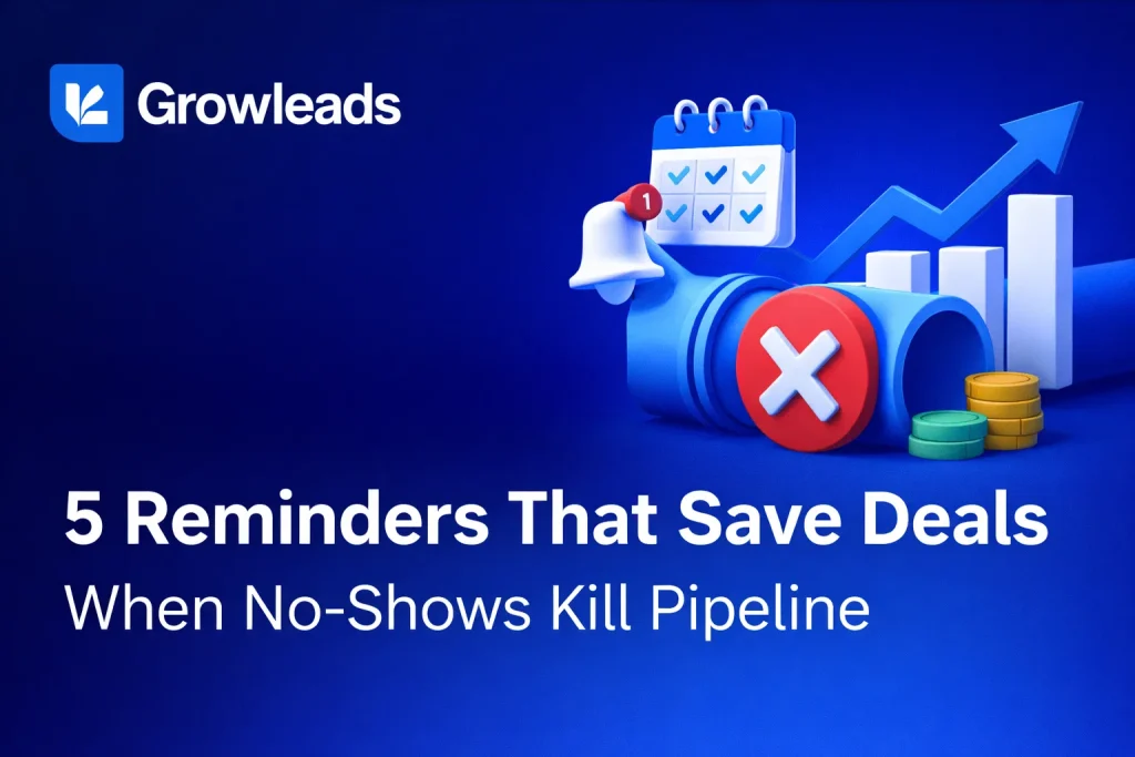 5 Reminders That Save Deals When No-Shows Kill Pipeline 3 Sales meeting no-show pipeline leak visualization showing 6.5% to 23% revenue loss with automated reminder notifications, calendar scheduling icons, and upward growth chart representing recovery through systematic B2B demo attendance optimization