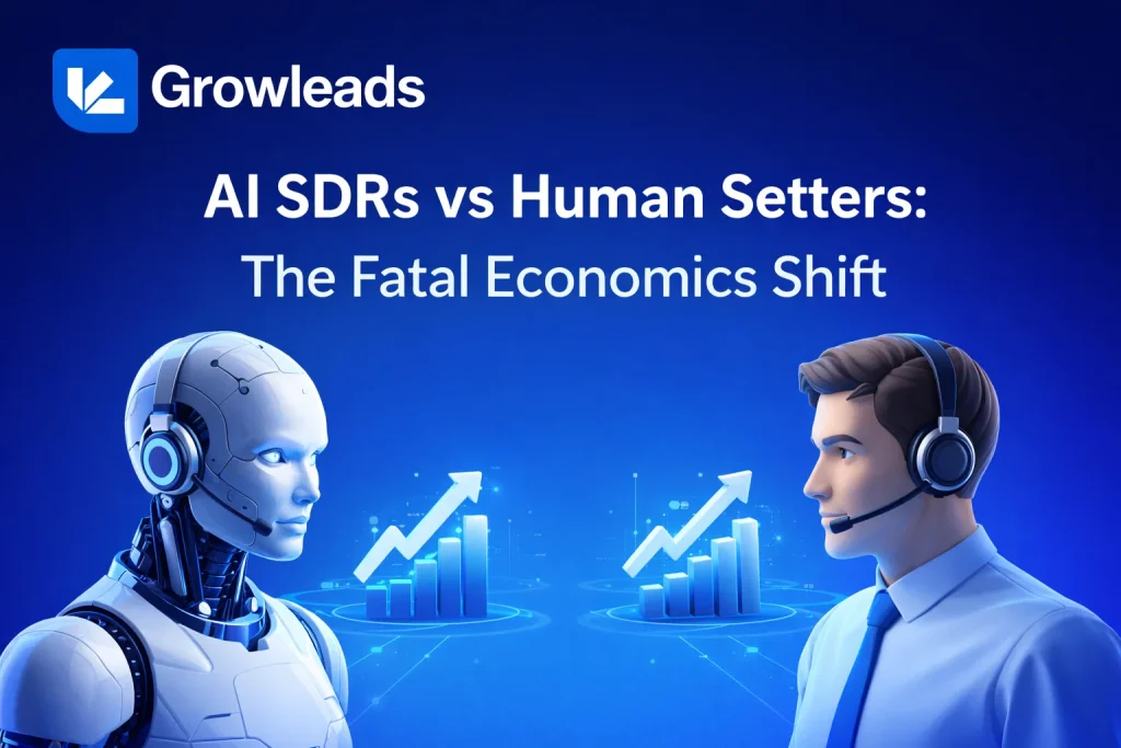 AI SDRs vs Human Setters: The Fatal Economics Shift 7 AI SDRs vs Human Setters comparison showing robot and human sales representative with performance metrics and growth charts