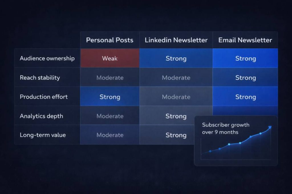 Comparison matrix of LinkedIn newsletter pros and cons versus personal posts and email for B2B content strategy decisions in 2026