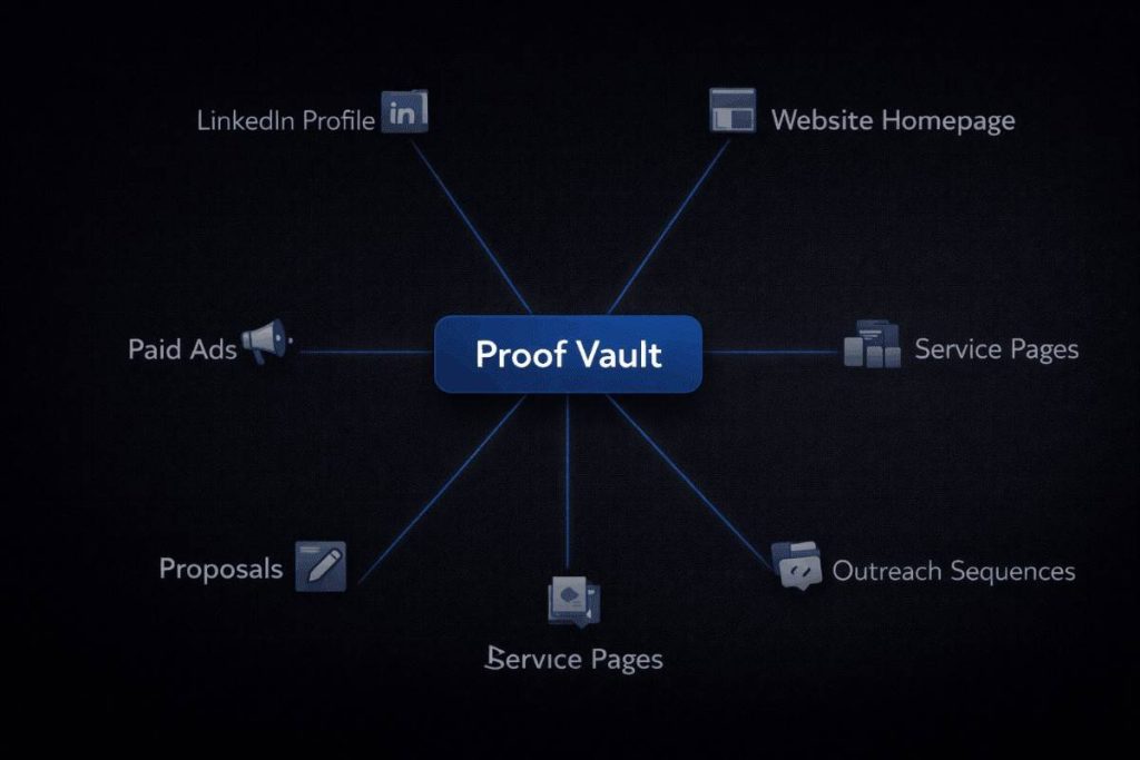 Hub-and-spoke Proof Vault diagram showing how social proof in B2B sales distributes across channels and assets