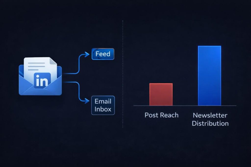 LinkedIn newsletter pros and cons infographic showing dual feed and email distribution versus standard post reach for B2B content teams
