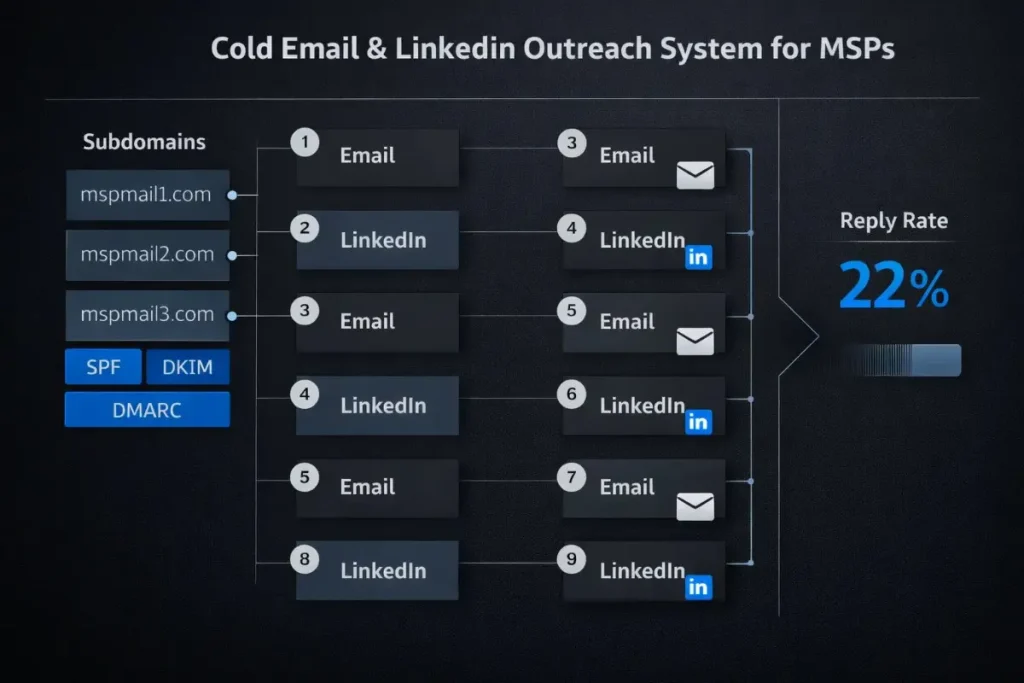 Cold outreach sequence diagram for IT services client acquisition showing subdomain setup and multi-touch LinkedIn and email flow