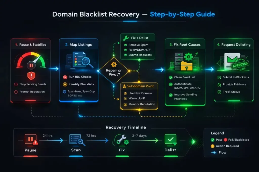 Step-by-step email domain blacklist recovery process diagram showing repair vs pivot decision point for outbound teams
