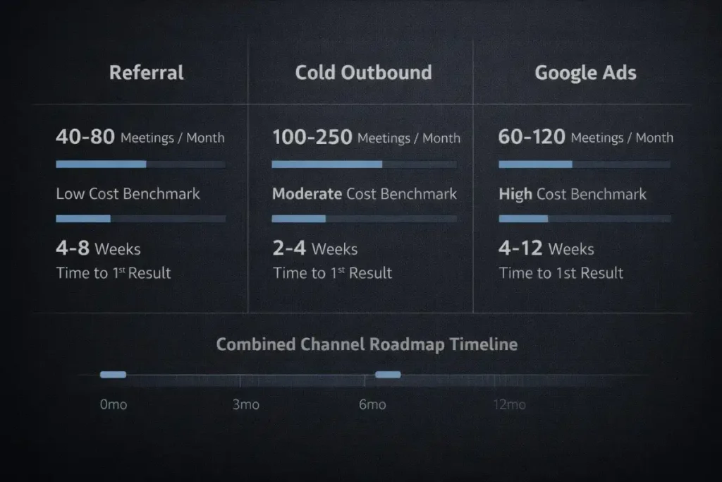 Channel comparison chart for IT services client acquisition showing referral, cold outreach, and Google Ads performance benchmarks