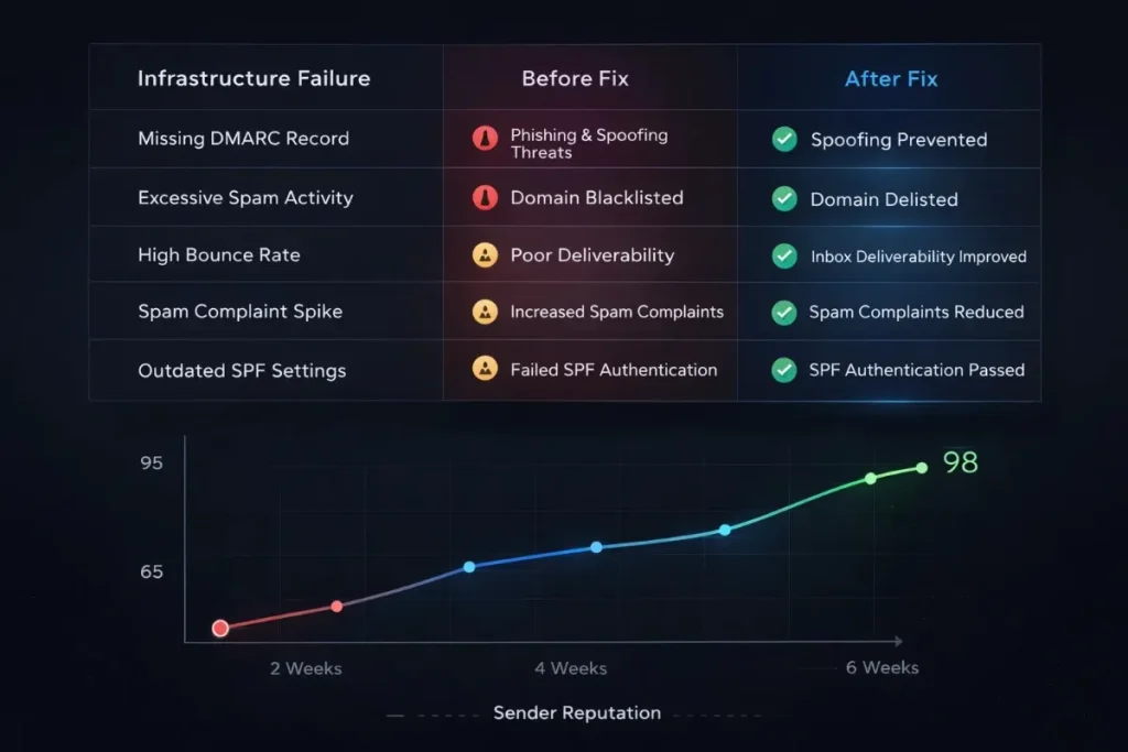 Before and after comparison chart for email domain blacklist recovery showing sender reputation repair across five infrastructure fixes