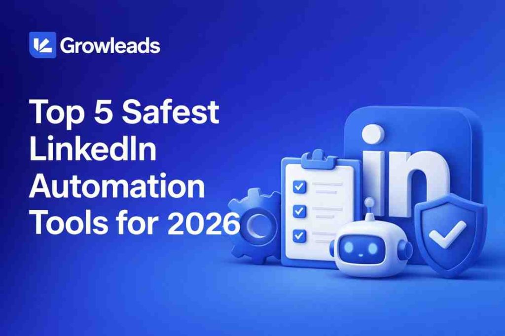 Blog cover for Top 5 Safest LinkedIn Automation Tools for 2026 featuring blue gradient background, Growleads logo, and 3D security-themed LinkedIn automation visuals.