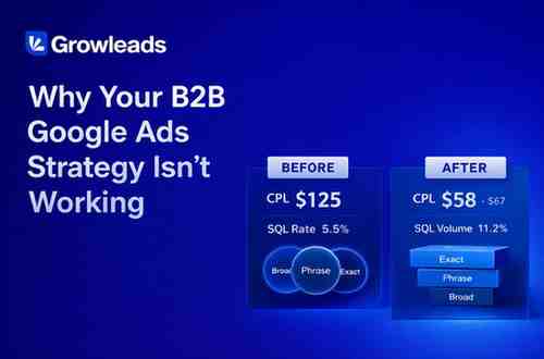 Dark blue gradient website cover image for Growleads featuring the headline “Why Your B2B Google Ads Strategy Isn’t Working” in clean white typography on the left, with the Growleads logo in solid blue at the top left. On the right, a 3D before-and-after comparison panel shows reduced CPL and improved SQL metrics, illustrated with structured keyword tiers and modern enterprise-style data visuals in blue and white.