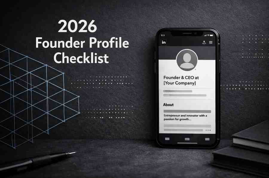 Founder LinkedIn Profile Checklist (2026) 1 Founder LinkedIn profile checklist shown on mobile screen with 2026 profile optimisation layout and headline tips
