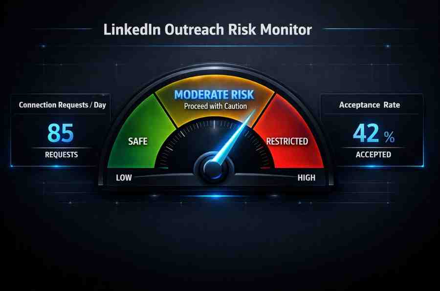 Is LinkedIn Automation Risky? Ban Prevention Guide 1 Dashboard showing daily outreach volume and account health metrics for managing the risks of LinkedIn automation in 2026
