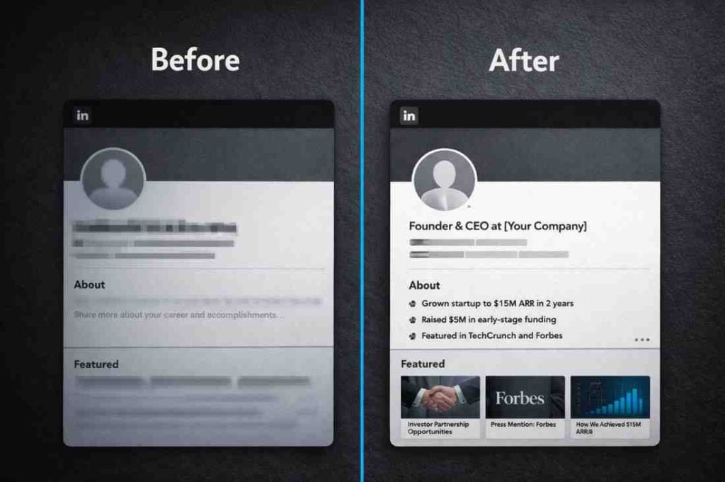 Founder LinkedIn Profile Checklist (2026) 2 Before and after comparison of founder LinkedIn profile optimisation showing headline, About section, and Featured section improvements