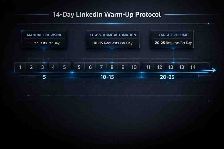 Is LinkedIn Automation Risky? Ban Prevention Guide 2 14-day warm-up timeline diagram showing daily request ramp-up to illustrate safe outreach limits and risks of LinkedIn automation