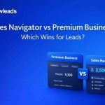 Sales Navigator vs LinkedIn Premium Business comparison dashboard illustrating lead generation tools and search filters on a blue gradient background