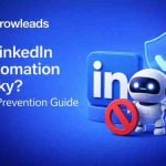 Growleads blog cover showing LinkedIn automation risk and ban prevention concept with shield protection icon and LinkedIn logo on a blue gradient background.