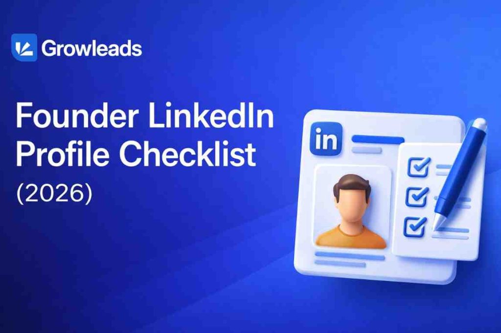 Growleads blog cover with dark blue gradient background showing “Founder LinkedIn Profile Checklist (2026)” and a 3D LinkedIn profile card with checklist icons.