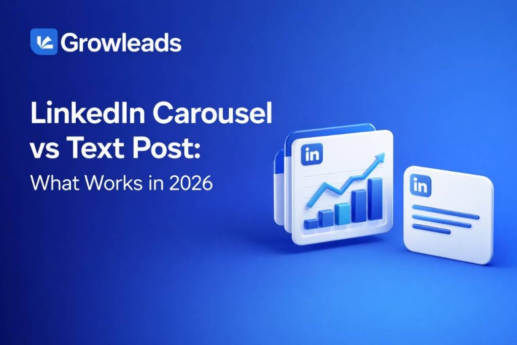 Growleads blog cover with dark-blue to blue gradient background, Growleads logo at top left, and 3D LinkedIn carousel cards and text post graphic on the right illustrating content formats.