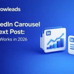 Growleads blog cover with dark-blue to blue gradient background, Growleads logo at top left, and 3D LinkedIn carousel cards and text post graphic on the right illustrating content formats.